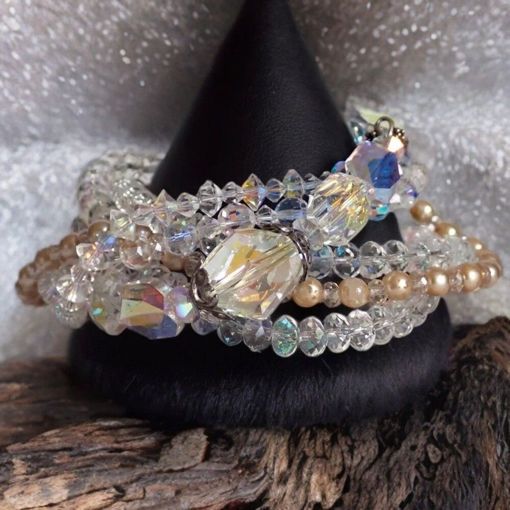 Crystal & Pearl Beaded Multi Strand Bracelet Aurora Borealas AB Blue Beads VTG